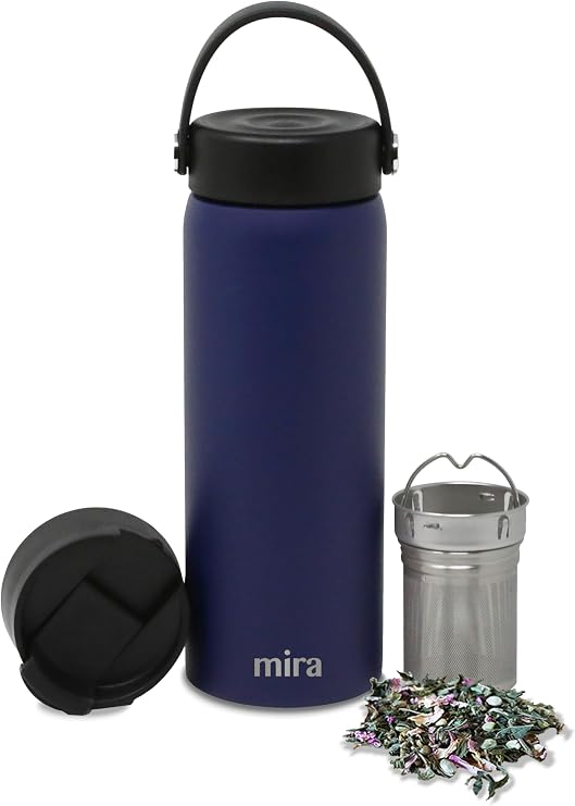 MIRA 18 oz Tea Infuser Thermo - Stainless Steel Travel Bottle with Removable Strainer for Loose Leaf Tea - Insulated Hot & Cold Brew Steeper - Marine