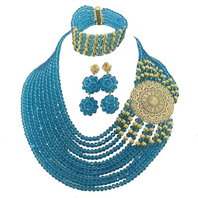 Africanbeads 10Rows Blue Nigerian Jewelry Set,Crystal Necklace,Wedding Gift,Bridesmaid Necklace Set