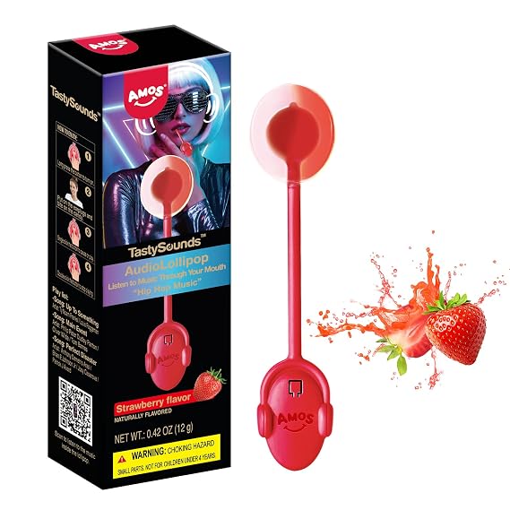 Amos Music Lollipop Candy, Audio Singing Lollipop, Unique Mother's Day Treat, Individually Wrapped Natural Strawberry Flavor (1 Pack)