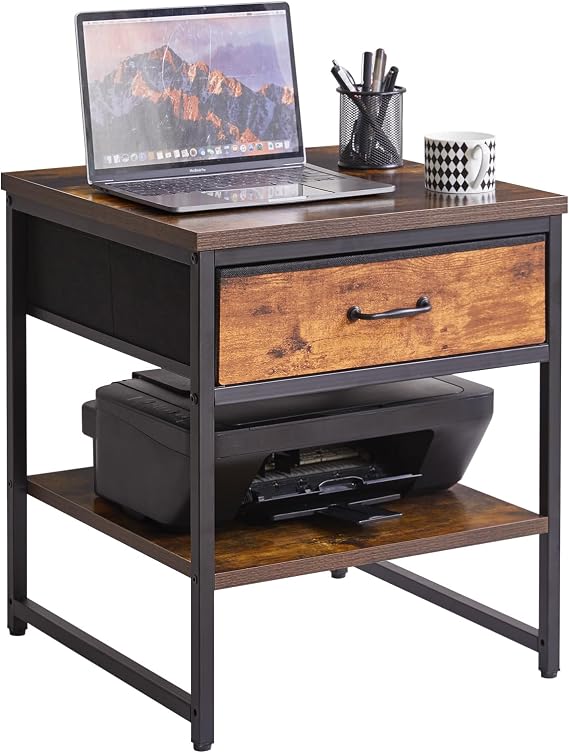 Aibiju Small Table Stand 20 Inch, Multi-Functional Side & Printer Accent Table with with Fabric Drawer, Mini Fridge Stand for Kitchen Bedroom Office Dorm, Rustic Brown YD-TM156H