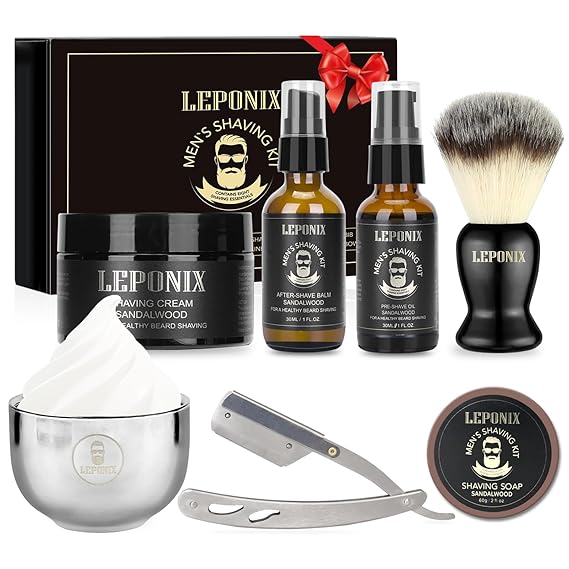 Mens Shaving Kit, Include Straight Razor, Sandalwood Shaving Soap & Cream, After Shave Balm, Pre-Shave Oil, Brush & Bowl Christmas Gifts for Men Him Secret Santa Gift Set Stocking Stuffers