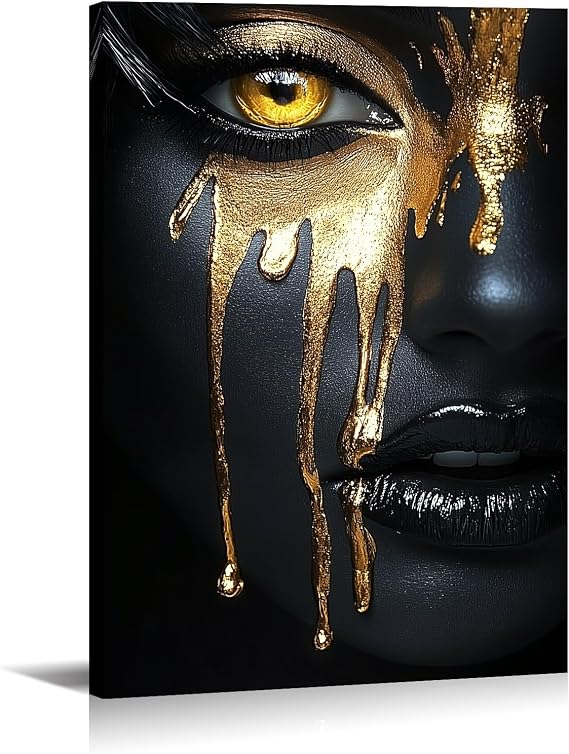 Black and Gold Woman Wall Art African American Decor Girl Eye Picture Female Abstract Canvas Prints for Living Room Bedroom Home Decor Framed - 12.00"x18.00"
