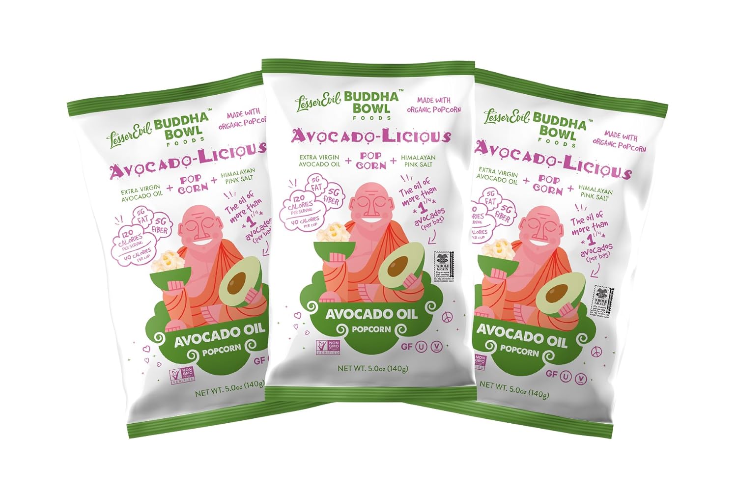 LesserEvil Buddha Bowl Avocado-Licious Organic Popcorn with Avocado Oil, Organic Coconut Oil and Himalayan Pink Salt, 5 Ounce Pack of 3