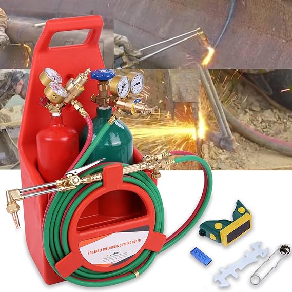 portable Oxygen Acetylene Torch Kit with Tak, Gas Welding Cutting Torch Kit, 14PCS Portable Oxy Acetylene Brazing Set with 177'' Twin-Hose, Cutting Nozzle, 2 Welding Tips & Cylinder Holder