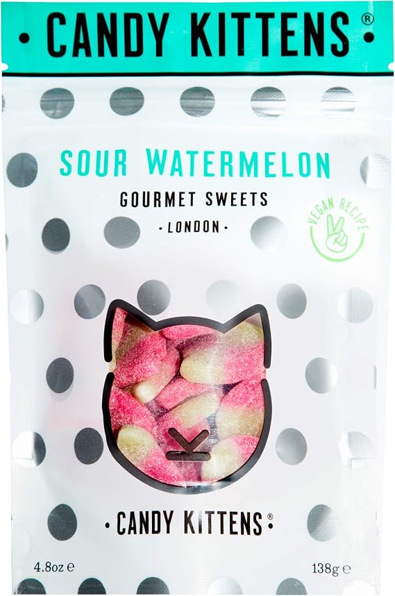 Candy Kittens Vegan Sweets - Gluten-Free - Natural Fruit Flavour Candy - Gummy Chewy Gourmet Sweets - Sour Watermelon, 138g (Single)
