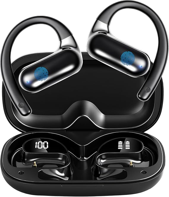 Open Ear Headphones,True Wireless Bluetooth Earphones with Microphone,Earhook Earbuds with 60 Hours,Fast Charging,IP54 Water-Resistant,Bluetooth 5.4, Black-A31