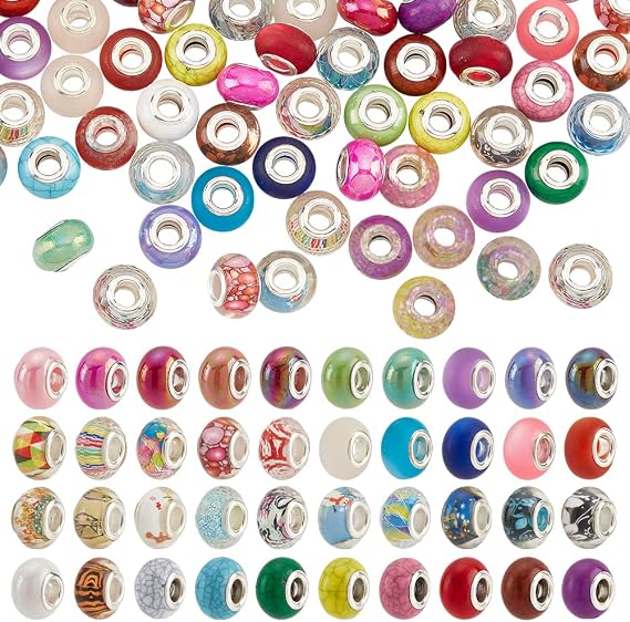 NBEADS 100 Pcs 5 Styles European Beads, 5mm Large Hole Crackle Resin Rondelle Acrylic Imitation Turquoise Charms for Bracelets Necklaces Jewelry Making