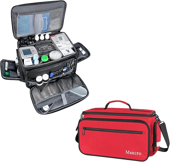 Mancro Medical Bag, First Aid Kit Empty, Nonslip Bottom, Removable Shoulder Strap, Water-Resistant Home Health Nurse Bag for Medical Student, Therapist, Black and Red