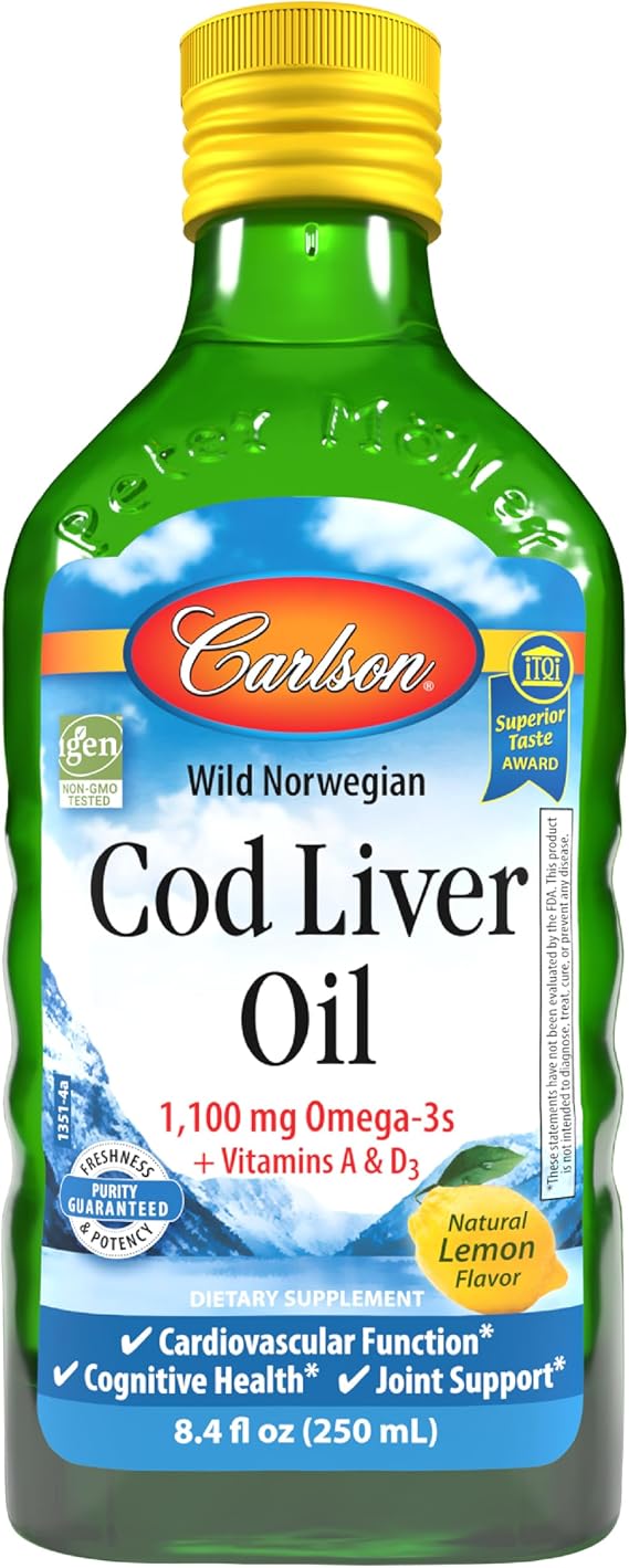 Carlson Cod Liver Oil, 1100 mg, Omega-3s, Lemon, 250 mL (8.4 Fl Oz) | plus Vitamins A and D3; Wild Caught Norwegian Arctic Cod Liver Oil; Sustainably Sourced Nordic Fish Oil Liquid