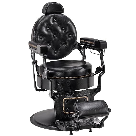 BarberPub Vintage Barber Chair, Styling Equipment 9207(All Black) | Heavy Duty Metal Frame All Purpose Hydraulic Recline Salon Beauty Spa Chair, Adjustable Height