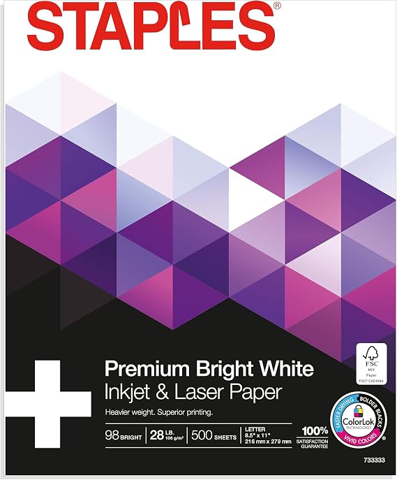 Staples Laser Paper, 8.5x11 Inch, 28 lb., 98 Bright, 500 Sheets | Heavyweight paper for crisp, professional prints in laser printers and copiers.