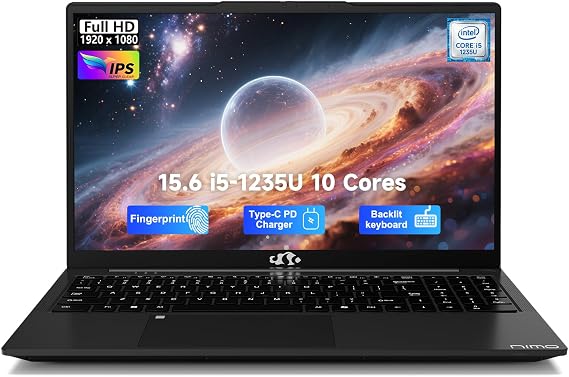 NIMO 15.6" FHD lPS-Business-Laptop, 10 Cores Intel i5-1235U 64GB RAM 2TB SSD (Beat i7-1165G7, Up to 4.4 GHz) Computer with 100W Type-C Fingerprint Backlit Keyboard WiFi 6 BT5.2 Win 11