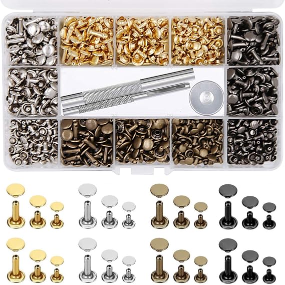 EuTengHao 484Pcs Leather Rivets Double Cap Rivet Tubular Metal Studs 3 Sizes with Punch Pliers and 3Pcs Setting Tool Kit for Leather Craft Repairs Decoration (Gold,Silver,Bronze,Gunmetal, 4 Colors)