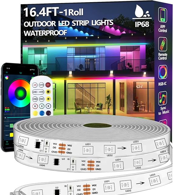 5m Outdoor LED Strip Light Waterproof,IP68 Outside RGB+IC Lights Strip with App/Remote Control,Chase Mode,Music Sync Light for Balcony,Deck,Rooftop,Garden,Pool [Energy Class G]