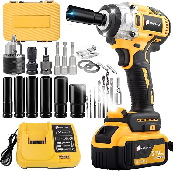 Cordless Impact Wrench,21V 1/2 inch 590Ft-lbs (800N.m) 3 IN 1 Brushless Impact Wrench,3500 RPM High Torque Impact Drill with Charger,6 Impact Sockets for Car Home (1 Battery)
