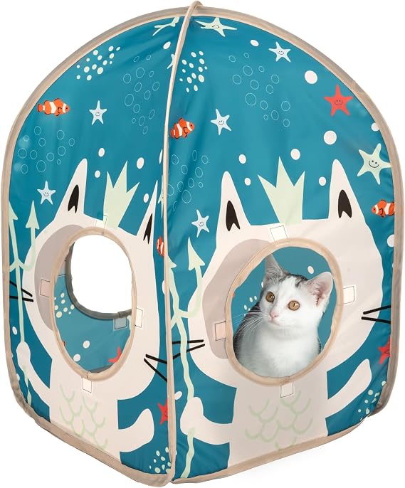 Kitty City Ocean-Themed Pop-Up Cat House, Collapsible Indoor Cat Hideout with Peekaboo Openings, Lightweight Foldable Kitty Play Furniture for Play & Lounging