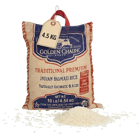 Golden Crown Indian White Basmati Rice 10 lb - Naturally Aged - Gluten Free, Rich Aroma, Non Sticky & Extra Long Grain White Rice Basmati, Ideal for Pilaf & Side Dishes with Meat or Veggies, 4.5kg