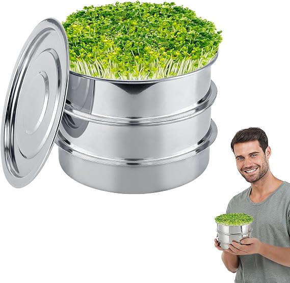 Aulock Stainless Steel Seed Sprouting Kit, 6'' Dia Microgreens Growing Tray