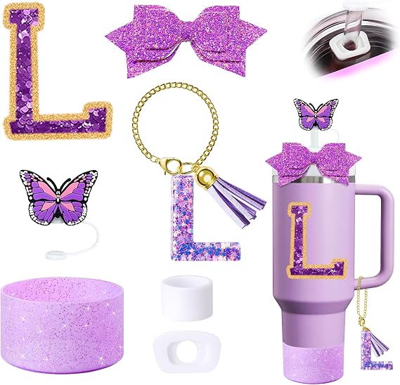 7Pcs Purple Stanley Cup Accessories Set for Stanley Cup 30&40 Oz Tumbler - Silicone Straw Cover Cap and Boot, Letter Charm for Handle, Spill Proof Stopper, Bow straw Decoration, Initial Sticker(L)