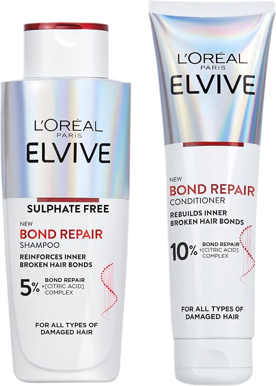 L’Oreal Paris Elvive Bond Repair Routine Set for Damaged Hair, Shampoo 200ml and Conditioner 150ml, Deep Intensive Hair Repair Treatment, Rebuild Broken Hair Bonds