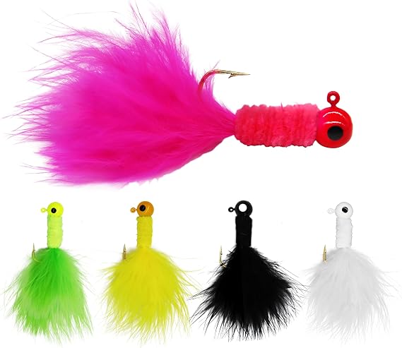 50PCS Crappie Jigs Feather Hair Fishing Hook Lure Kit 1/16 1/32oz | Soft Flowing Feather, Sharp Barbed Hooks, Ideal for Crappie Panfish Trout Freshwater Fishing