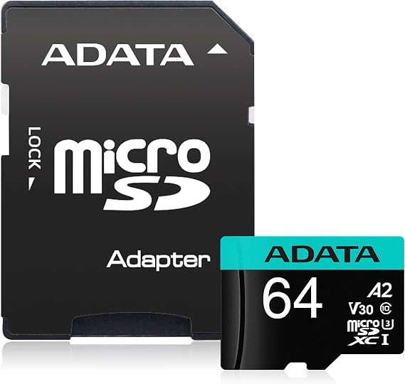ADATA Premier Pro 64GB MicroSDXC UHS-I U3 V30 Class 10 A2 MircoSD Memory Card with Adapter AUSDX64GUI3V30SA2-RA1