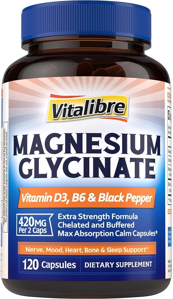 Vitalibre Magnesium Glycinate 420mg with Vitamin D3 B6, 120 Vegan Capsules