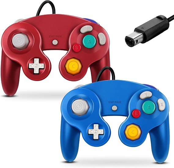 FIOTOK Gamecube Controller, Wii Nintendo Gamecube için Klasik Kablolu Kumanda (Mavi ve Kırmızı-2 Paket)