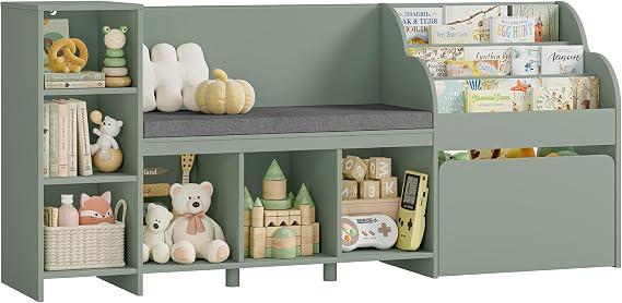 HOSTACK 67"W Kids Reading Nook with Bookshelf, Toy Storage Organizer, Green