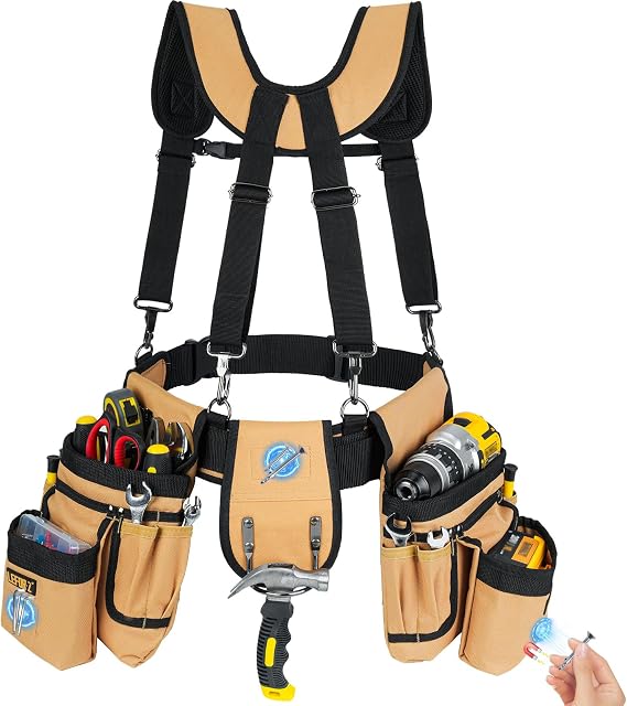 Tool Belt with Suspenders,27-Pockets Heavy Duty Tool Belts for Men,Detachable & Adjustable Work Belt Bag for Electrician,Carpenter,Construction,Utility Toolbelt,Valentines Day Gifts for Men,Brown