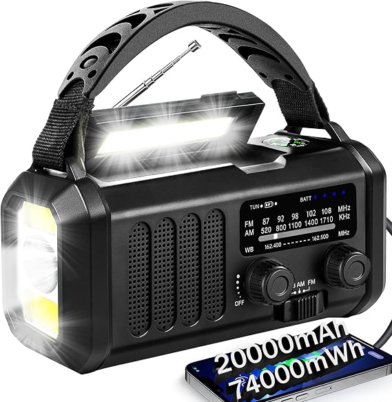 QAUYYW Hand Crank Emergency Radio,74000mWh Solar Powered Portable NOAA AM FM Weather Radio with 3 Mode Flashlight and Reading Light,Cell Phone Charger,Home and Emergency Distress Signal (Black)