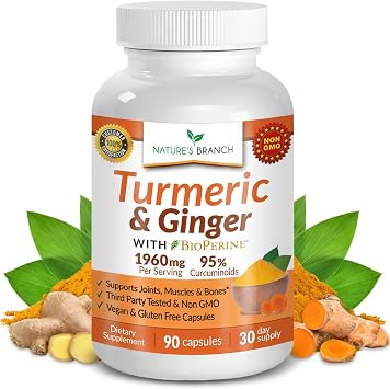 Turmeric and Ginger Supplement for Joint Support & Muscle Comfort Organic Turmeric Curcumin with BioPerine Black Pepper Extract for Men & Women, 95% Curcuminoids, 1960mg Vegan Non GMO 90 Capsules