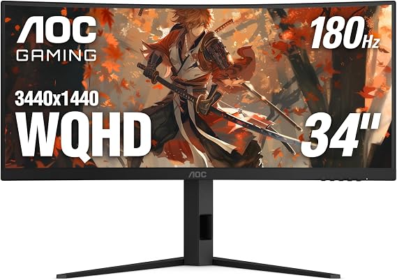 AOC CU34G4V 34" Frameless Curved Ultrawide Gaming Monitor, UWQHD 3440 x 1440 1500R, 21:9 Aspect Ratio, 180Hz 0.5ms MPRT, Display Port x 1, HDMI x 1, AMD FreeSync Premium, Height Adjustable, Black