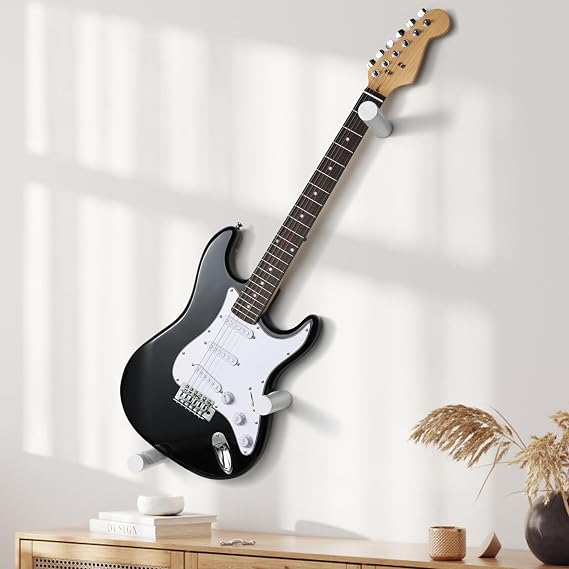 Electric Guitar Wall Mount Hanger Horizontal Hidden Design, Solid Wood Holder with Adjustable Hooks, Neck Protection (White)