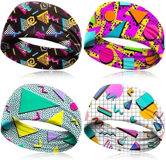 4 Pack 80s 90s Neon Headbands Outfit Accessories for Women Men Retro Vintage Fashion Sweatbands 90s Athletic Elastic Hairband for Hip Hop Party Style Hiking Cycling Running