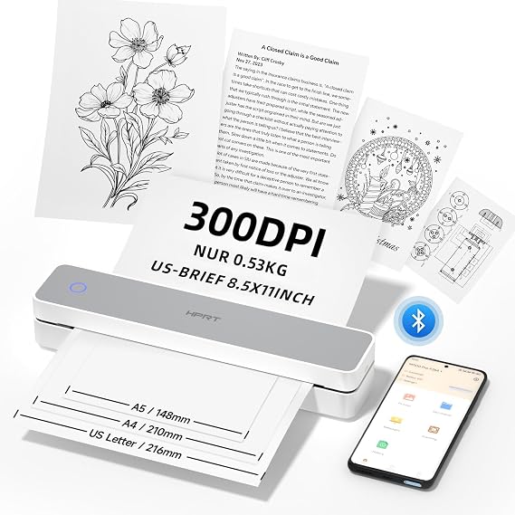 HPRT Portable Printer Wireless for Travel, Supports A4 Paper