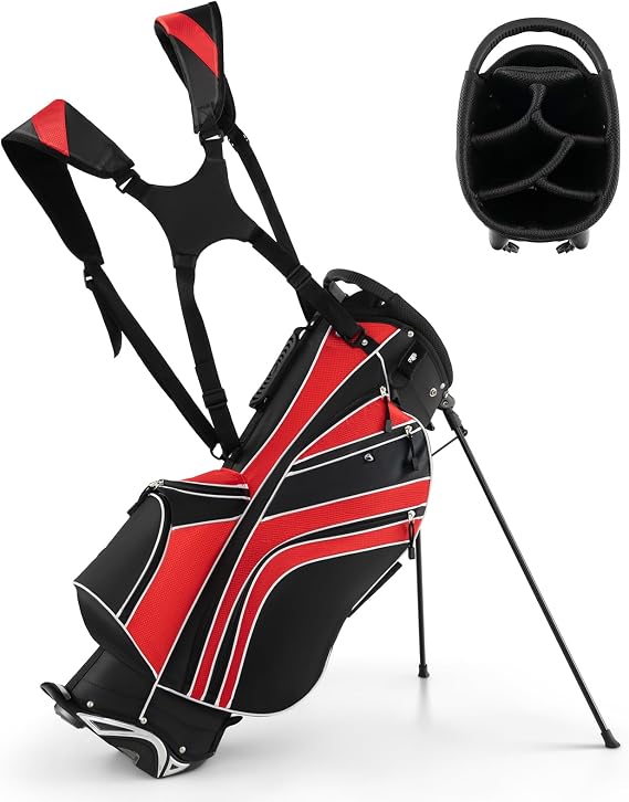 Goplus Golf Stand Bag, Lightweight Golf Club Bag with 6 Way Top Dividers, 8 Pockets, Cooler Bag, Rain Hood, Dual Shoulder Strap, Umbrella Holder,