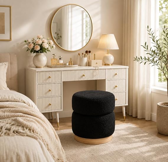 16.5" Round Modern Ottoman, Small Boucle Foot Rest Vanity Stool Chair, Upholstered Circle Pouf Ottoman Footstool for Living Room, Bedroom,Black