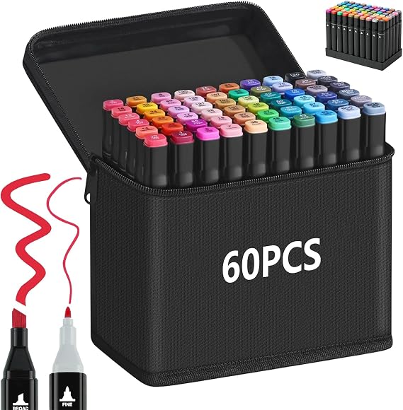 Dual Tips Markers Set Graphic Marker PensTouchbool Colors Permanent Art Markers Set with Carrying Bag  Twin Markers for DrawingDesigningSketching (Black 60)