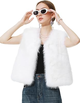 LA CARRIE Womens Faux Fur Vest Cropped Sleeveless Furry Coat Warm Winter Shaggy Open Front Cardigan Waistcoat Outerwear