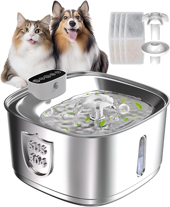 Wireless Cat Water Fountain Stainless Steel, Smart Pet Water Fountain Cordless,3.2L/108oz with Filters and 2 Spray-Head,Pet Water Fountain for Cats Dogs Indoor