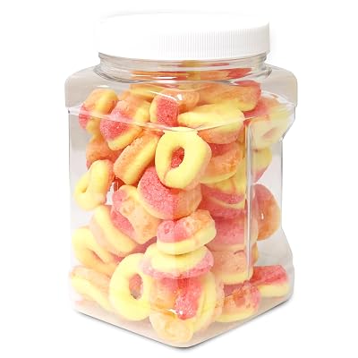 Sarahs Candy Factory Freeze-Dried Peach Rings Candy - Crunchy & Sweet, Large, Freshness, Halal, Gift & Snack in Reusable Jar Container 12 Oz