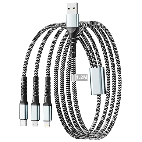 Multi Charger Cable 1.2M, 3 in 1 Multi Charging Cable Braided iPhone Charger cable include USB to USB C Charger Cable/Lightning/Micro USB/Type C Lead for iPhone 17 16 15 14 13 X,Samsung Huawei,Android