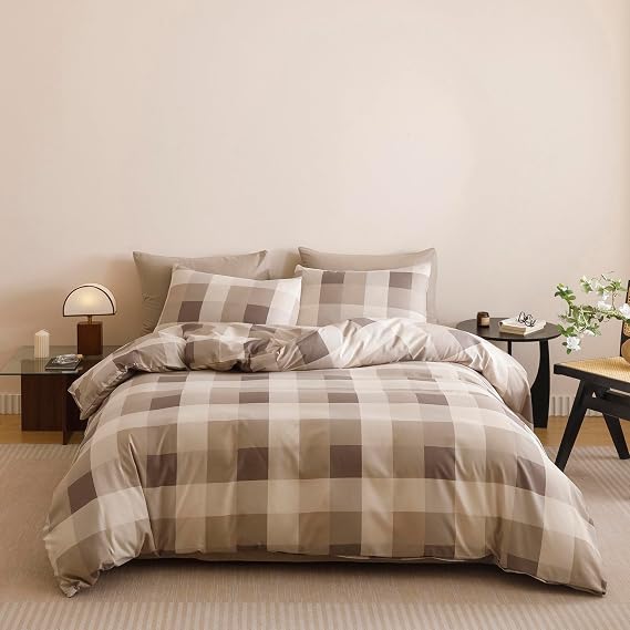 KAREVER Gingham Checkered Comforter Twin Khaki Plaid Bedding Set Boys Girls Colorful Grid Cottagecore Blanket Twin