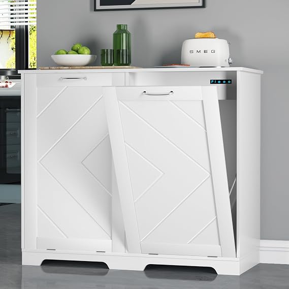 VECELO Double Tilt Out Kitchen Trash Bin Cabinet Dog Proof Garbage Can with Wood Holder Free Standing Recycling, White