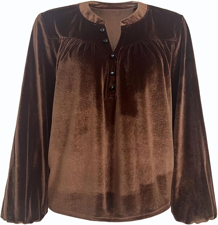 Womens V Neck Velvet Tops Vintage Lantern Long Sleeve Button Pleated Elegant Casual Fall Velour Blouses Brown 5XL