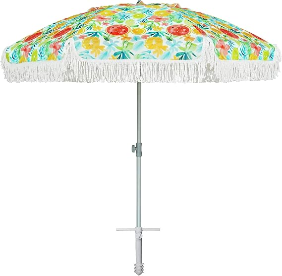 AMMSUN 6.5ft Heavy Duty Fringe Beach Umbrella with Sand Anchor Tilt UPF50+ | Windproof,Carry Bag for Patio Garden Pool Backyard, Height Adjusting for All-Day Shade, Removable Sand Anchor
