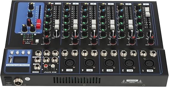 Professional Audio Mixer 7 Channel Mixer with Bluetooth and 48V Phantom Power, Compact Black Metal Audio Mixing Console DJ Controller for Studio Recording, Podcasting and KTV