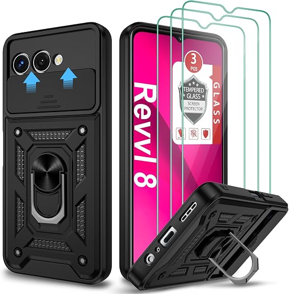 Case for T-Mobile TCL Revvl 8, with 3 Pcs Tempered Glass Screen Protector, Built-in Ring Kickstand and Magnetic Car Mount Shockproof Dropproof Defend Armor Rugged Case for T-Mobile Revvl 8 - Black