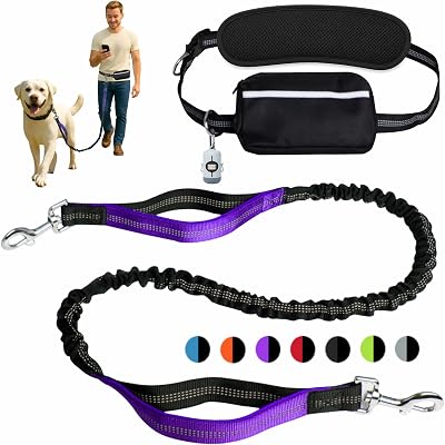 Hands-Free Dog Leash for Dogs up to 130 lbs – Heavy-Duty, Shock-Absorbing Bungee Leash with Zipper Pouch, Dual Padded Handles & Adjustable Waist Belt for Running & Walking – Bright Purple